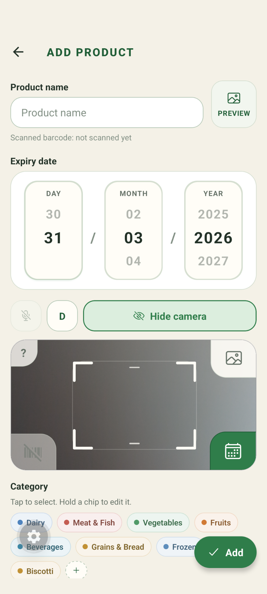 Shelfli add product screen showing barcode scanning and form fields