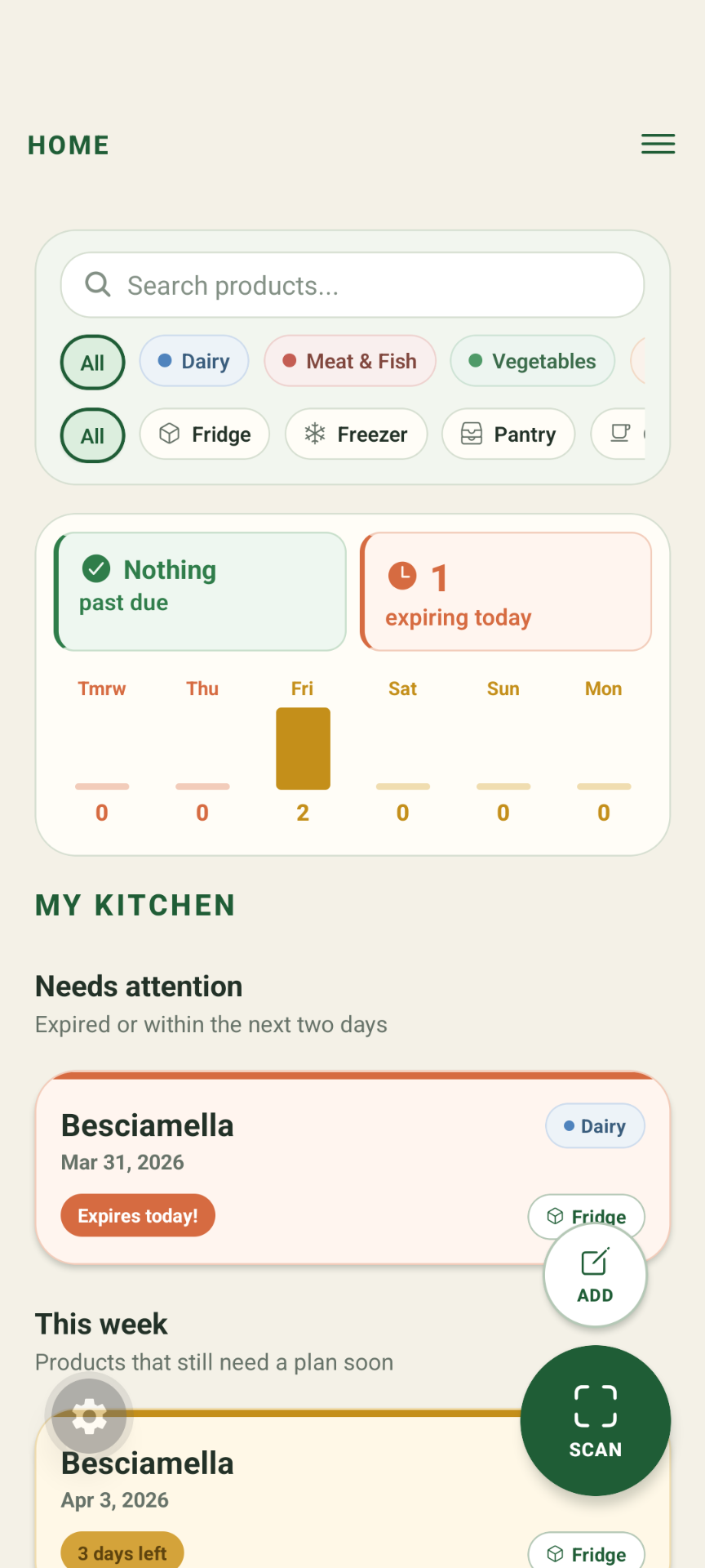 Shelfli home screen showing kitchen overview with product categories